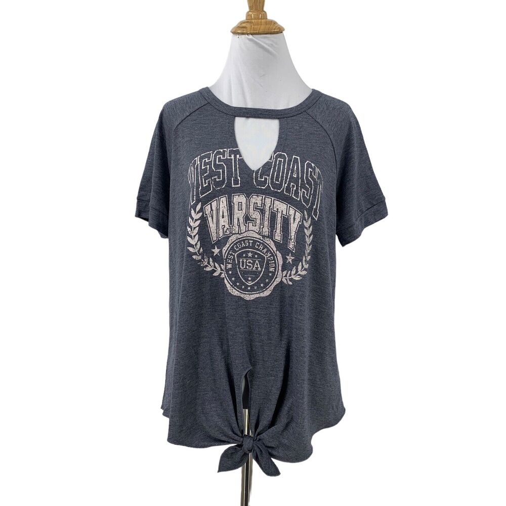 Bobeau West Coast Varsity Shirt Womens M Medium Gray Front Tie Keyhole Cutout
